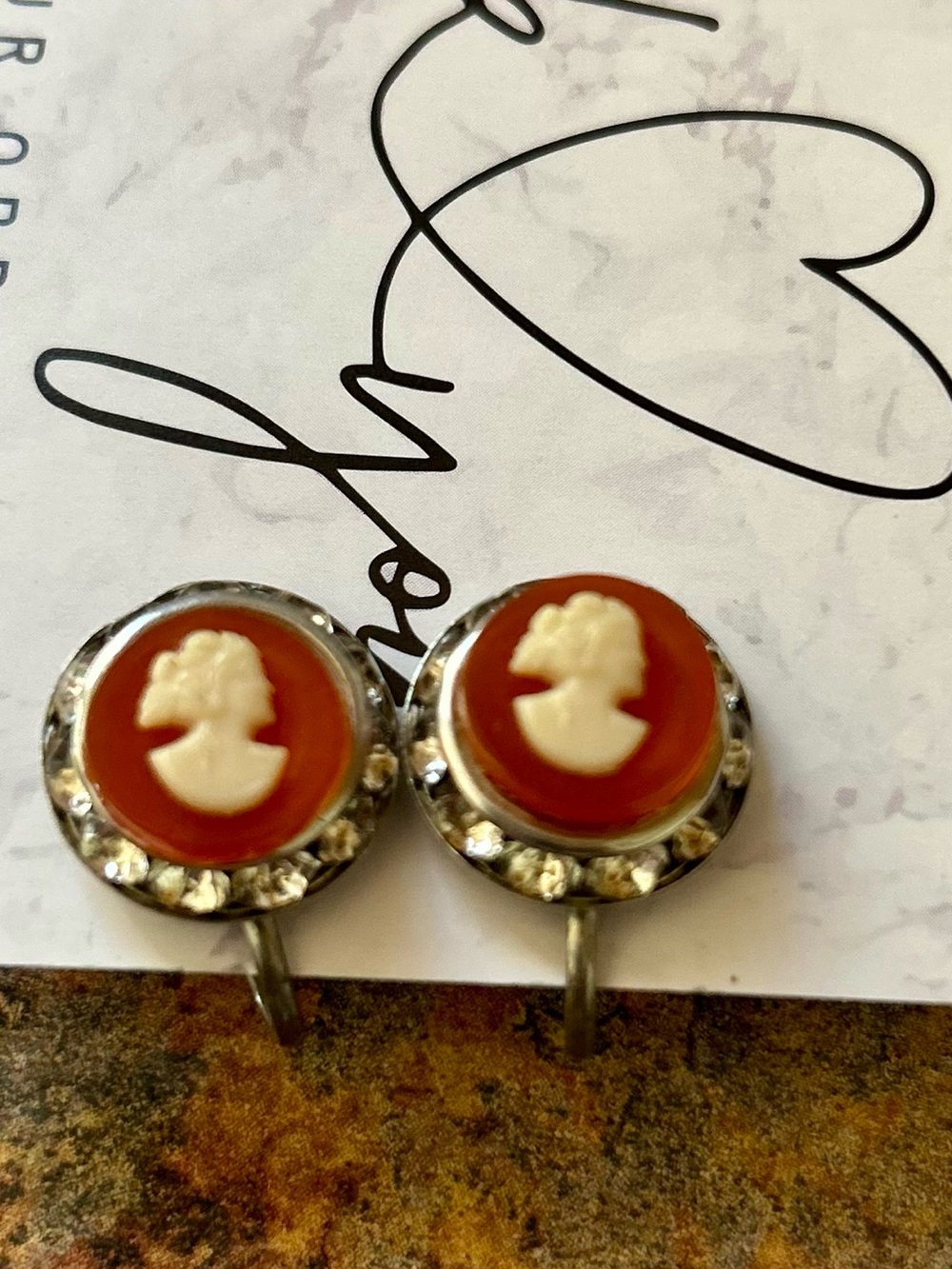 Antique Cameo Earrings Surrounded by Rhinestones -Screwback